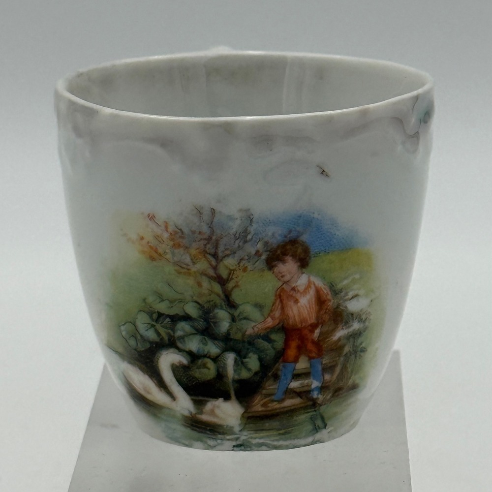 Antique Porcelain Child Toy Cup Boy with Swans Transferware Miniature Mug